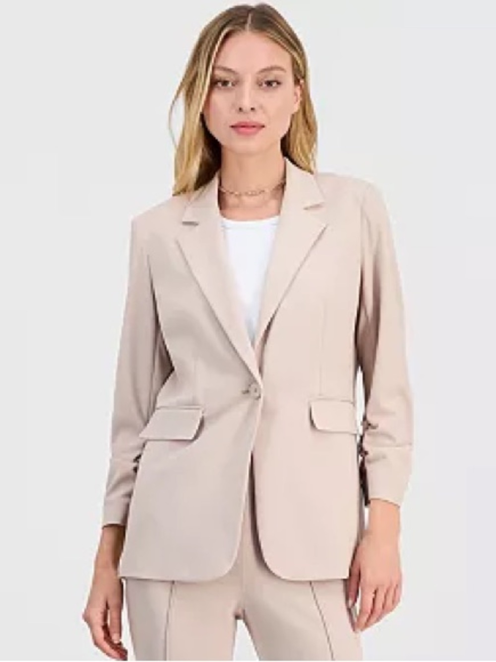 Bar III Beige Crepe One-Button Scrunched-Sleeve Jacket Blazer Size XL
